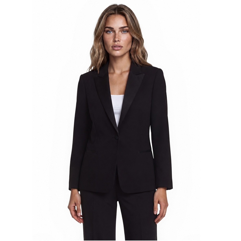 Laura Scott Tuxedo Blazer Women's Size 16 Black Satin Peak Lapel Button Jacket